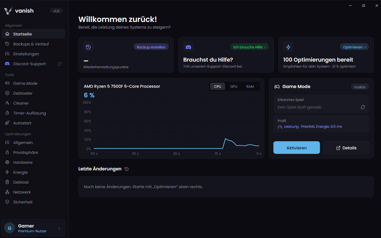 Die Vanish-App: Startseite mit Systeminfo und 1-Klick-Optimierung